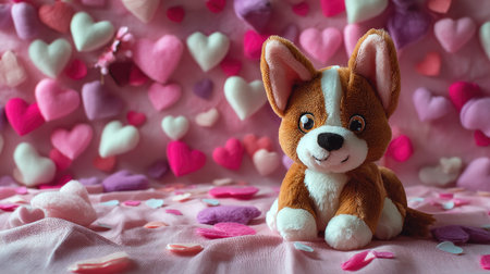 This charming plush dog toy, featuring a cute design and bright eyes, sits amidst colorful heart shapes on a soft pink background, perfect for love-themed decor.の素材