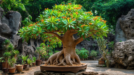 A stunning ficus bonsai tree stands gracefully among vibrant greenery and unique rock formations, creating a serene atmosphere perfect for relaxation and reflection.の素材