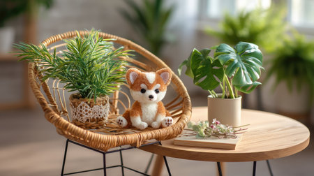 A charming indoor scene featuring decorative plants, a plush toy, and a cozy wicker chair, creating a tranquil and inviting atmosphere.の素材
