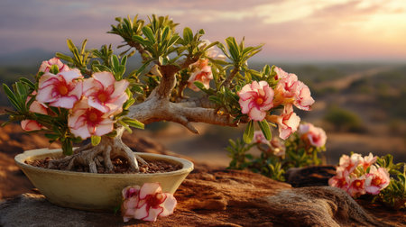 A captivating bonsai tree featuring vibrant pink flowers set against a breathtaking desert sunset. This tranquil scene captures the beauty of nature and artistry.の素材