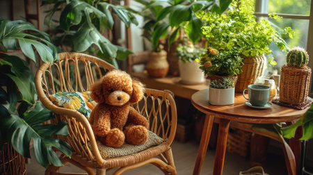 A cozy indoor scene featuring a soft plush toy sitting on a rattan chair surrounded by lush greenery and a warm ambiance, perfect for home decor inspiration.の素材