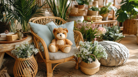 This image features a cozy living room setting with a plush teddy bear seated on a rattan chair, surrounded by lush greenery and floral decor, creating a warm and inviting atmosphere.の素材