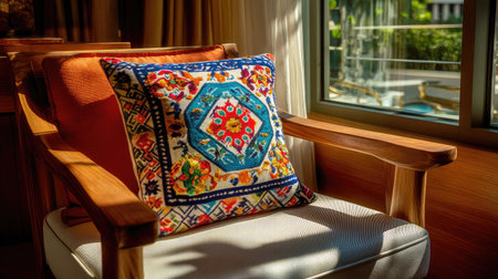 A beautifully embroidered cushion rests on a wooden chair, bathed in warm sunlight, adding a touch of color and comfort to a serene interior space.の素材