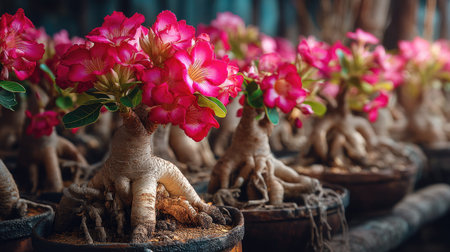 This image showcases a stunning display of desert rose bonsai with vibrant pink flowers, highlighting intricate roots in a serene garden atmosphere.の素材