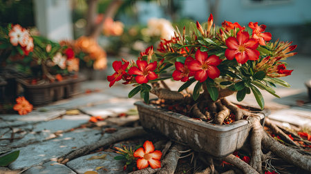A stunning display of vibrant red flowers nestled in a bonsai pot, intertwined with intricate roots. The soft natural light enhances the serene beauty.の素材