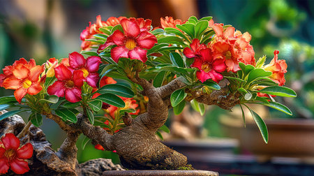 This stunning image showcases a desert rose bonsai featuring vibrant pink flowers and lush green leaves, perfect for enhancing garden aesthetics.の素材