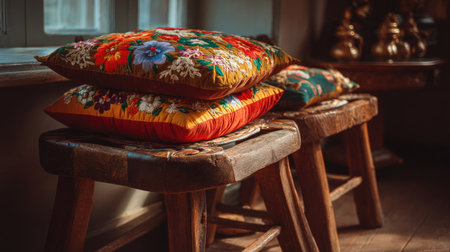 A serene composition of colorful embroidered cushions placed on rustic wooden stools, showcasing exquisite craftsmanship and inviting warmth in a cozy room atmosphere.の素材