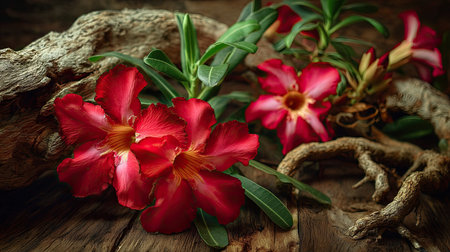 Stunning close-up of vibrant red flowers with lush green leaves set against rustic wood. Showcases nature's beauty and tranquility in a serene setting.の素材