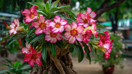 A stunning display of vibrant pink and white flowers adorns a lush green plant, creating a beautiful focal point in a tranquil garden setting.の素材