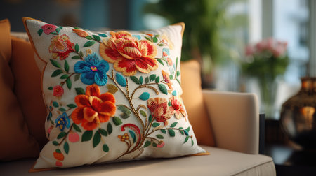 A vibrant decorative pillow features intricate floral embroidery in rich colors, set against a cozy couch in a sunlit living space, perfect for home decor.の素材