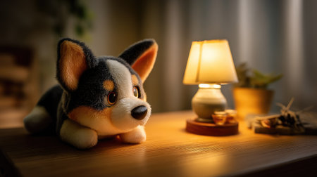 A charming plush corgi toy sits on a rustic wooden table, illuminated by a soft lamp, creating a cozy atmosphere filled with warmth and serenity.の素材