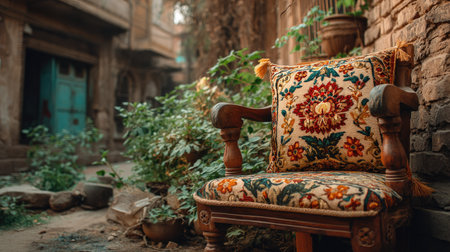 A beautifully crafted vintage chair adorned with a vibrant cushion sits peacefully in a lush outdoor environment, exuding charm and inviting elegance.の素材