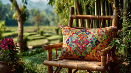 This image showcases a vibrant decorative pillow resting on a bamboo chair, surrounded by lush greenery and serene rice fields, creating a peaceful outdoor ambiance.の素材