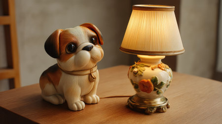 An adorable ceramic dog figurine sits thoughtfully beside a vintage lamp, casting a warm glow that enhances a cozy and inviting home atmosphere.の素材
