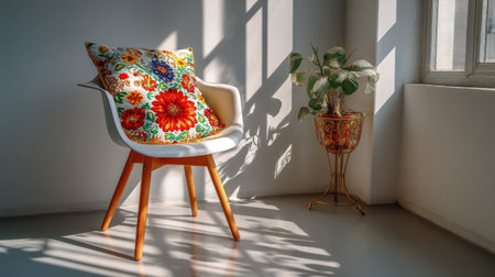 A vibrant chair adorned with a colorful cushion is bathed in natural light, enhancing the cozy atmosphere of a well-decorated room.の素材