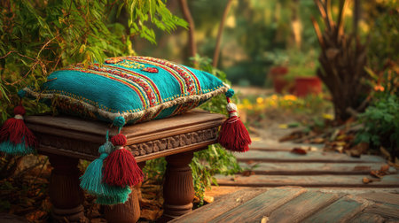 A vibrant cushion adorned with colorful tassels rests on a wooden stool. This serene outdoor garden scene evokes peacefulness and comfort, showcasing stylish decor.の素材