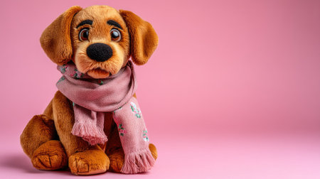 This charming plush dog toy features a cute expression and a stylish scarf, set against a soft pink background, perfect for gifts or decoration.の素材