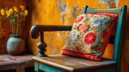 This image showcases a vibrant embroidered pillow resting on a rustic wooden chair, enhancing the cozy atmosphere of a charming room with an inviting yellow wall.の素材