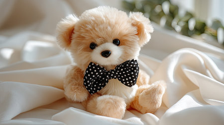 This delightful teddy bear features a soft texture and charming polka dot bowtie, making it a perfect companion for children and a heartwarming gift.の素材