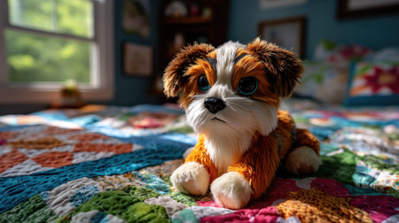 A charming plush puppy toy rests on a vibrant quilt in a cozy bedroom, capturing the essence of comfort and warmth, perfect for children's decor.の素材