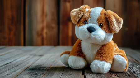 Adorable plush puppy toy sits on a wooden table, showcasing a soft texture and warm tones, making it an ideal gift for children or decor piece.の素材