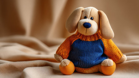 This charming plush dog toy features vibrant colors and a cozy sweater, perfect for children's playtime or as a decorative piece in a nursery.の素材