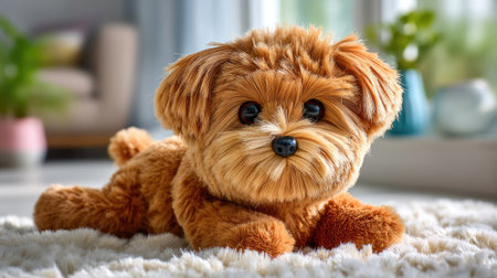 This enchanting image features a fluffy toy dog with a charming expression, lounging on a soft rug in a beautifully decorated living room filled with natural light.の素材