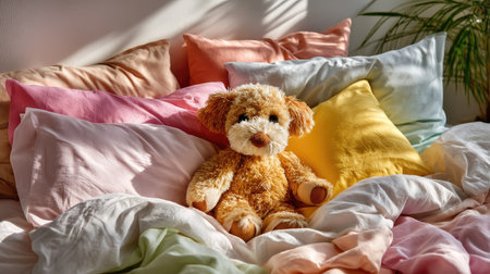 A cozy bedroom scene featuring a cute plush dog toy surrounded by soft pastel pillows, creating an inviting and cheerful atmosphere for relaxation.の素材