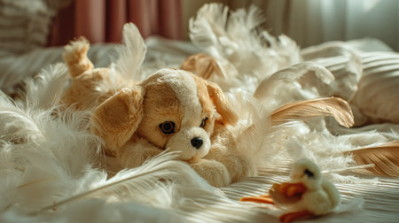 A charming scene featuring a soft toy dog nestled among fluffy white feathers and a small plush duck, creating a playful and cozy atmosphere.の素材