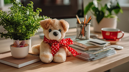 A cozy home office setup showcasing a plush toy, potted plants, and stationery, creating an inviting atmosphere for inspiration and productivity.の素材