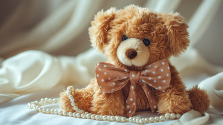 This charming teddy bear, adorned with a polka dot bow tie and a pearl necklace, creates a warm and nostalgic atmosphere against the soft fabric backdrop.の素材