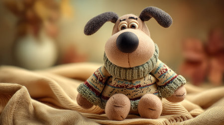 This delightful plush dog toy wears a cozy sweater, capturing warmth and charm against a soft autumn backdrop, perfect for adding whimsy to any setting.の素材