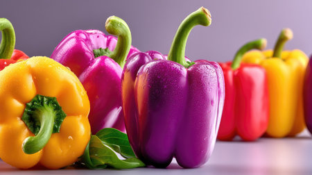 A stunning arrangement of colorful bell peppers showcases the freshness of vegetables on a soft purple backdrop, ideal for food photography.の素材