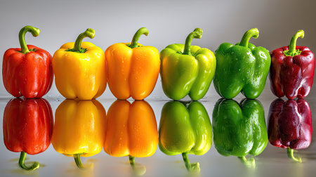 A stunning arrangement of vibrant bell peppers in red, yellow, green, and purple hues reflects beautifully on a smooth surface, showcasing their freshness.の素材