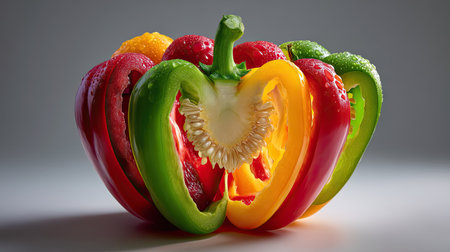 A stunning arrangement of sliced bell peppers showcasing vibrant colors and textures. Perfect for culinary inspiration and healthy cooking ideas.の素材