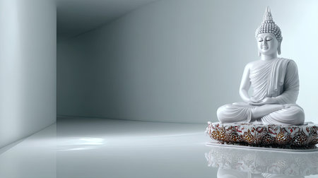 This image features a serene white Buddha statue placed in a minimalist modern interior. Soft lighting creates a tranquil atmosphere, reflecting calmness.の素材