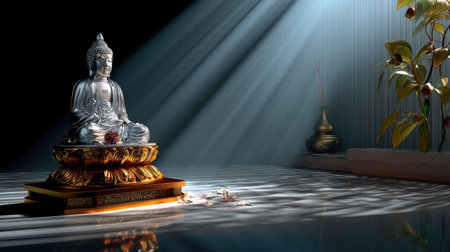 This captivating image features a serene Buddha statue adorned with soft light, creating a peaceful atmosphere ideal for meditation and reflection.の素材