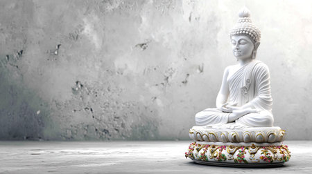 A serene white Buddha statue sits elegantly on a beautifully detailed pedestal, surrounded by soft lighting and a textured background, symbolizing tranquility and peace.の素材