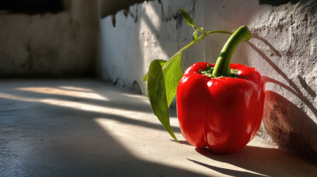 A stunning close-up of a red bell pepper accompanied by a fresh green leaf, positioned on a surface with captivating shadows and natural light.の素材