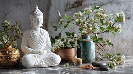 A serene Buddha statue surrounded by lush greenery and delicate flowers creates a tranquil atmosphere perfect for meditation and relaxation.の素材