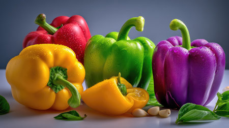 This image showcases an array of fresh, vibrant bell peppers in distinct colors, enhanced by water droplets, ideal for food-related projects.の素材