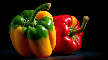 A striking composition of vibrant red and yellow bell peppers set against a dark backdrop highlights their freshness and nutritional appeal. Perfect for promoting healthy cooking and eating.の素材