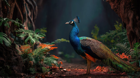 A stunning peacock stands elegantly in a vibrant forest, showcasing its colorful feathers amidst lush greenery, embodying the beauty of wildlife.の素材