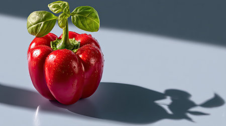 This captivating image features a fresh red bell pepper adorned with water droplets and a vibrant green leaf, set against a soft, light background.の素材