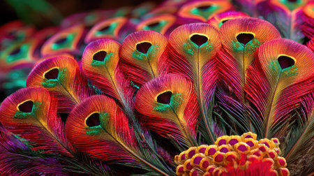 This stunning close-up showcases vibrant peafowl feathers, highlighting their iridescent colors and intricate patterns, reflecting nature's artistic brilliance.の素材