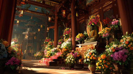 Explore a vibrant Buddhist temple interior showcasing a stunning statue surrounded by colorful floral arrangements, embodying tranquility and devotion.の素材