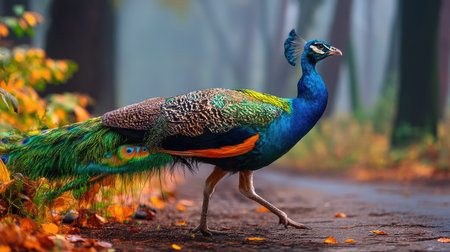 A stunning peacock walks gracefully along a misty forest path, showcasing its vibrant plumage amidst fallen autumn leaves, capturing nature's serene beauty.の素材