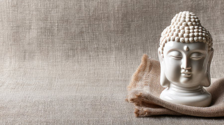 This exquisite white Buddha statue rests on soft fabric, embodying tranquility and peace. Ideal for mindfulness themes and serene settings, captivates with its simplicity.の素材