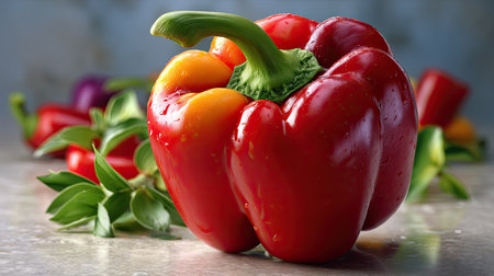 A close-up of a fresh red pepper glistening with water droplets against a subtle gray background, showcasing its vibrant colors and crisp texture.の素材