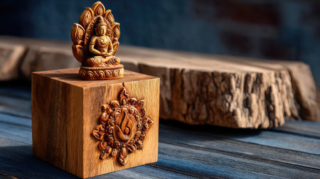 A beautifully carved wooden Buddha statue sits atop a textured surface, surrounded by natural elements. The soft lighting enhances its serene presence, inviting a sense of tranquility.の素材